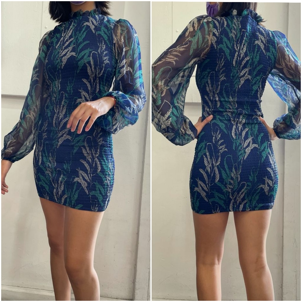O. Vianca Navy Smocked Long Sleeves Fitted Dress